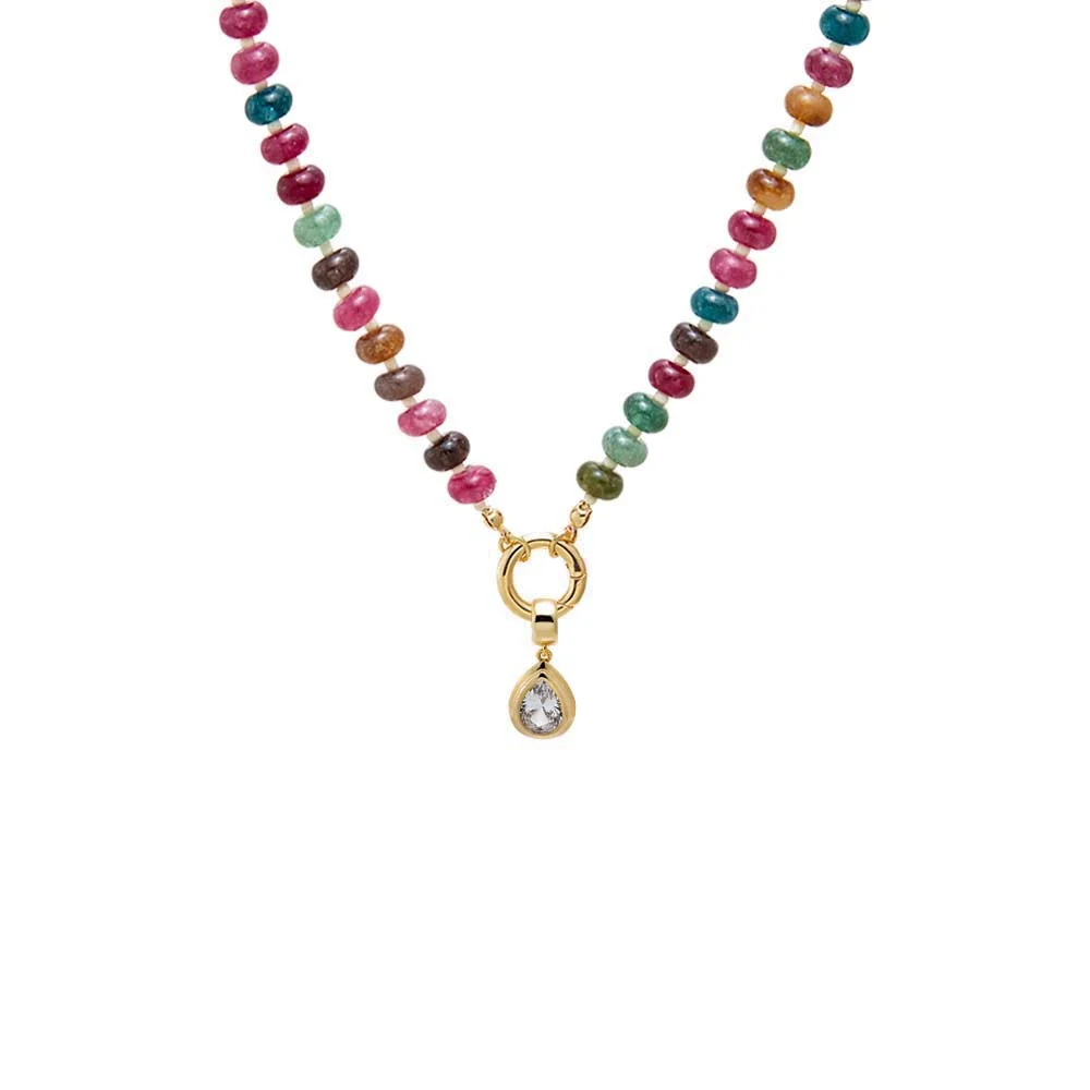 Colored Natural Stone Beaded /CZ Pear Bezel Charm Necklace