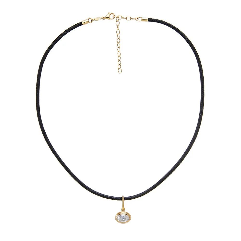 Lab Grown Diamond Oval Bezel Leather Chain Necklace 14K