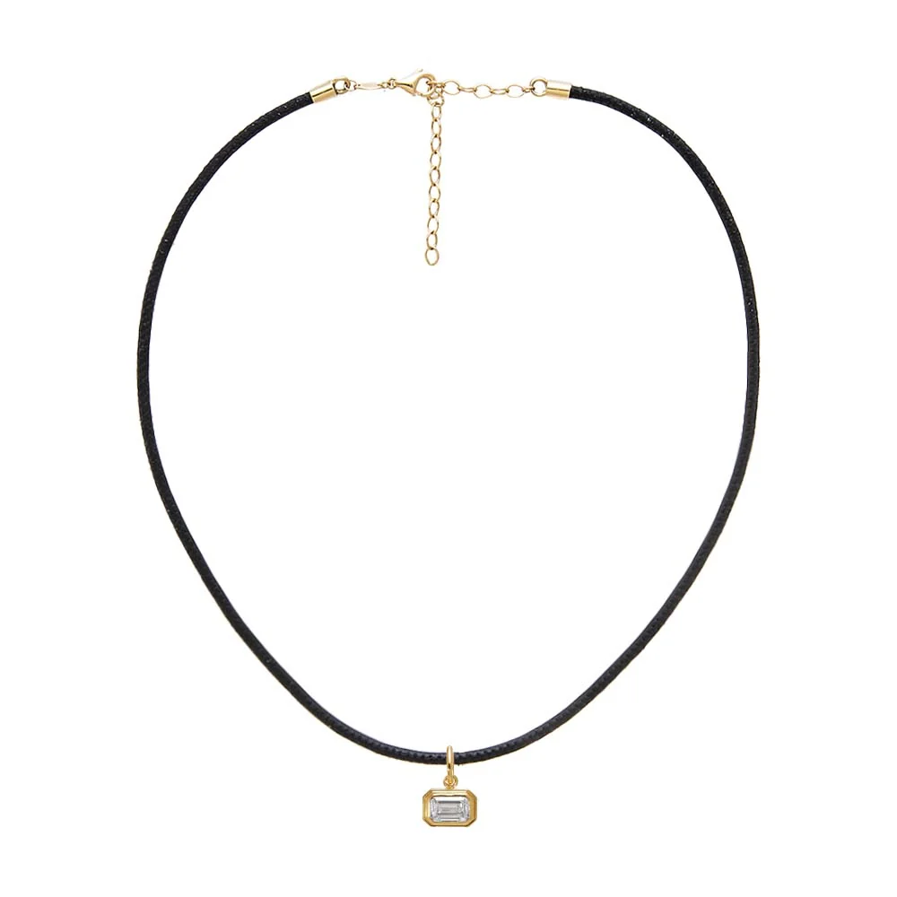 Lab Grown Diamond Emerald Bezel Leather Chain Necklace 14K