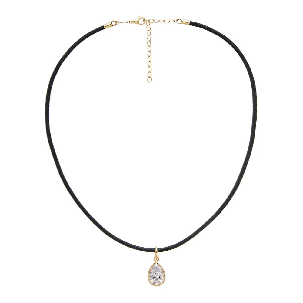 Lab Grown Diamond Pear Bezel Leather Chain Necklace 14K