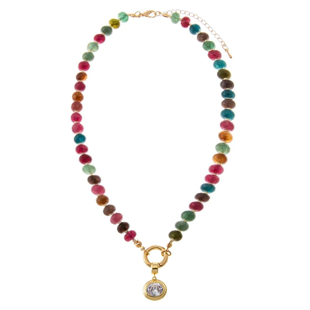 Colored Natural Stone Beaded /CZ Oval Bezel Charm Necklace - Image 6