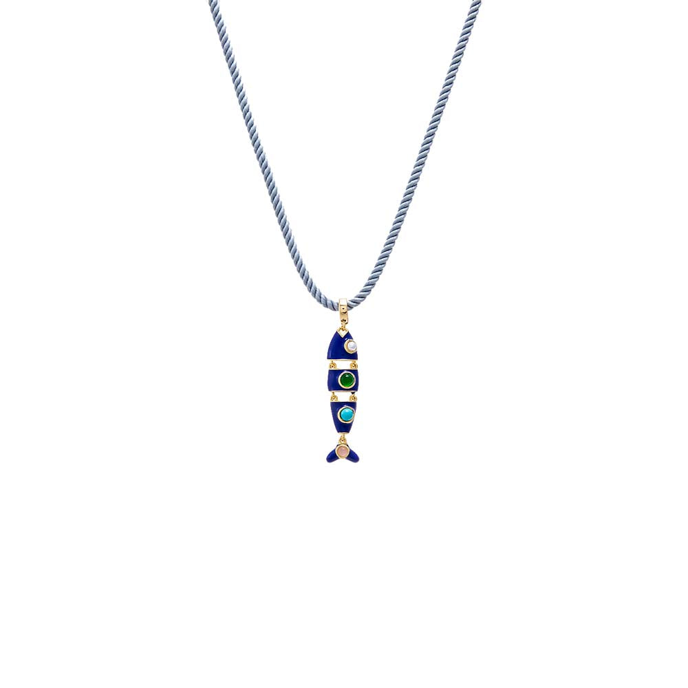Blue Enamel Fish Charm Rope Necklace