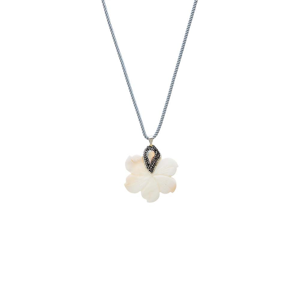 Onyx CZ MOP Blossom Charm Twisted Rope Necklace