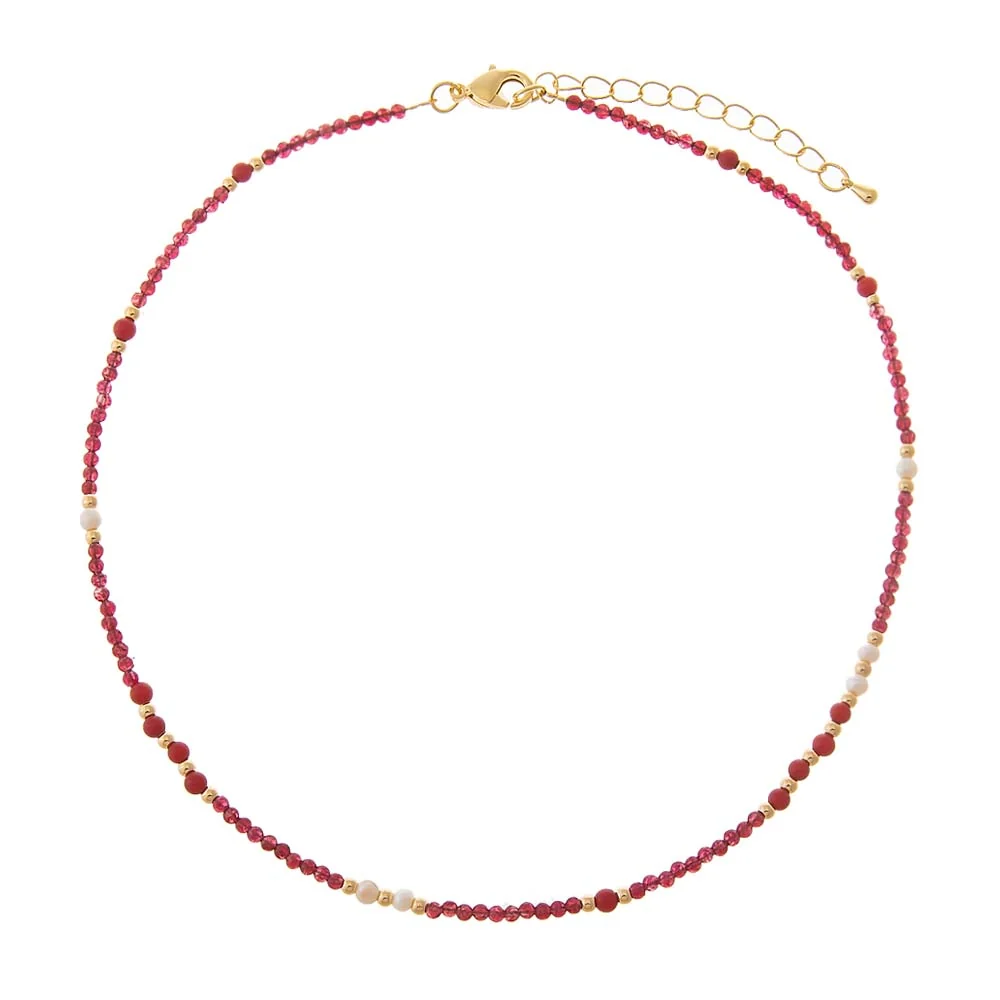Dainty Ruby Red Seed Beaded Pearl Choker Necklace