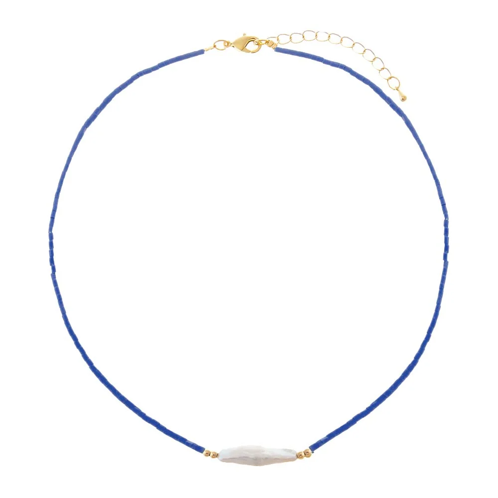 Colored Glass Seed Bead Freshwater Pearl Bar Necklace