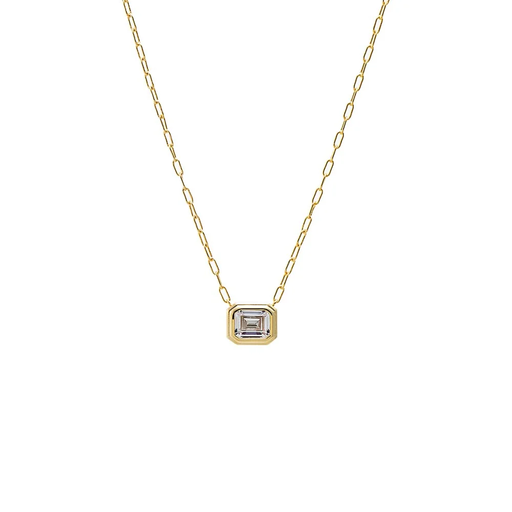 CZ Emerald Cut Bezel Set Paperclip Necklace