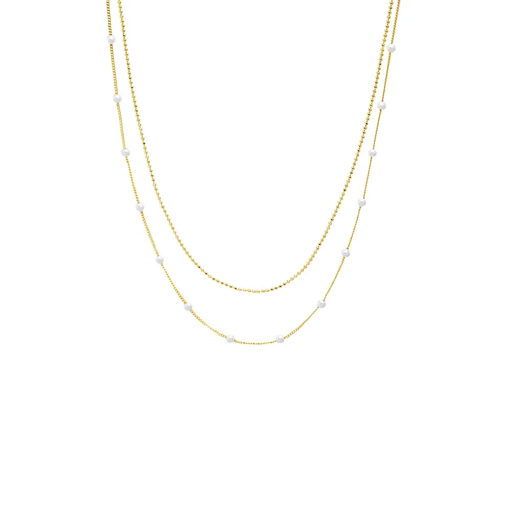 Double Strand Pearl X Ball Chain Necklace