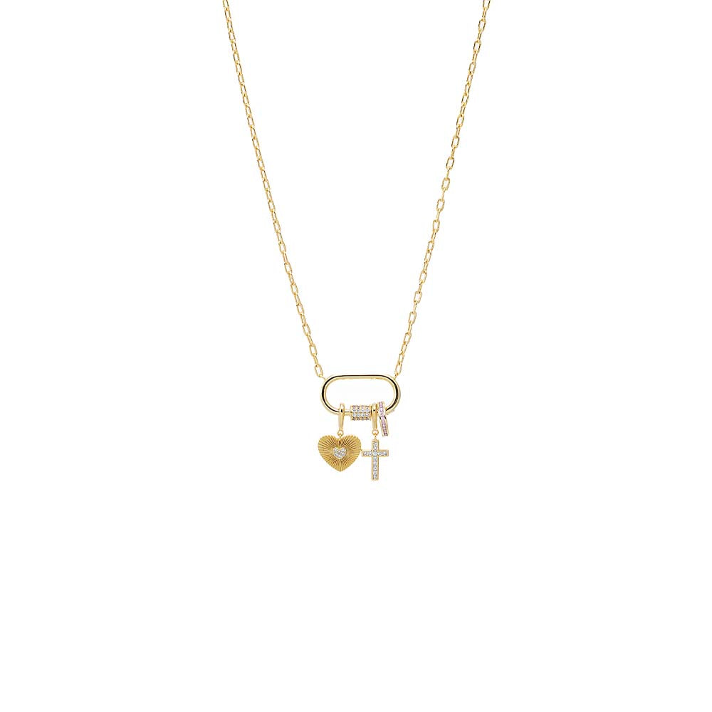 Heart & Cross Multi-Charm CZ Lock Necklace