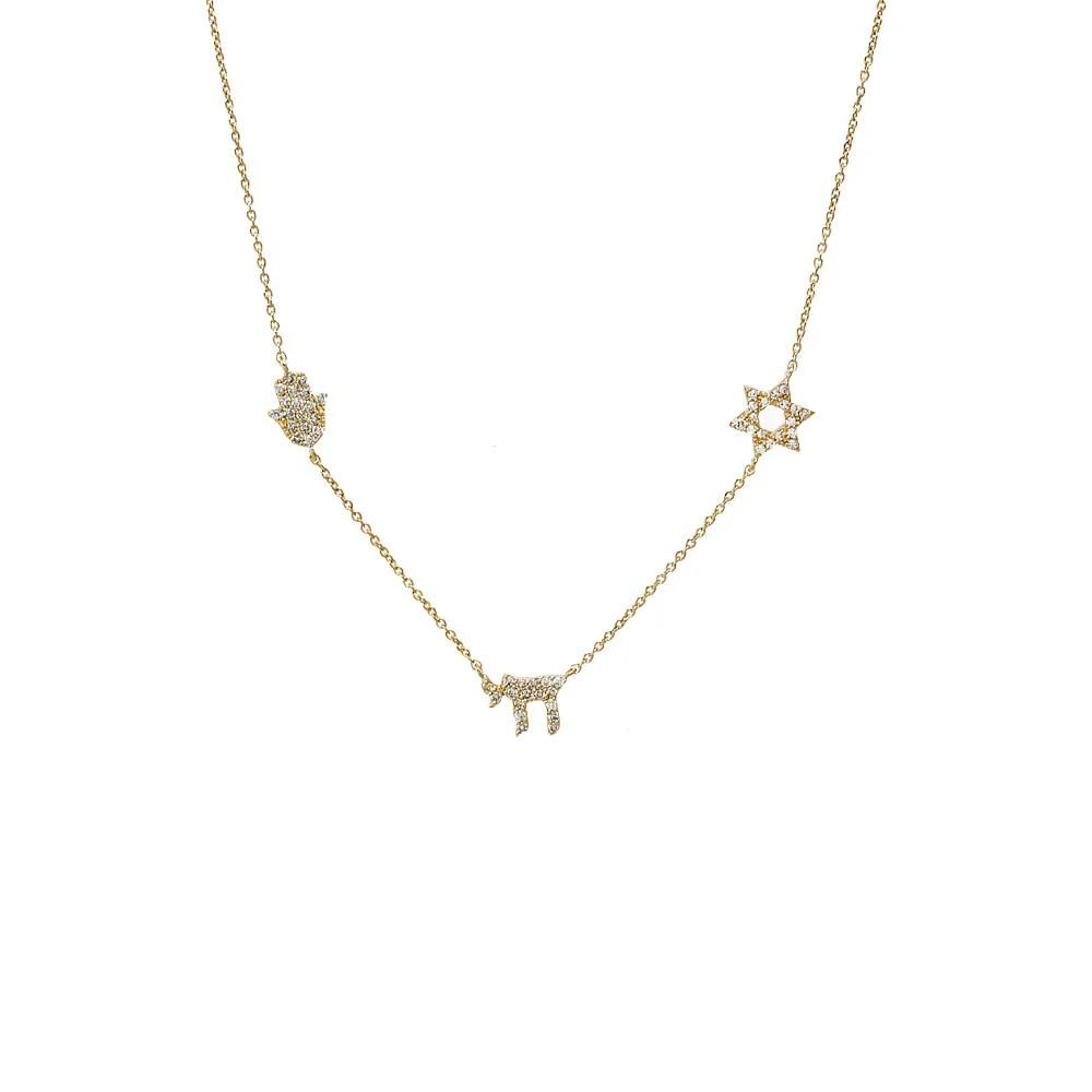Diamond Pave Jewish Charms Necklace 14K