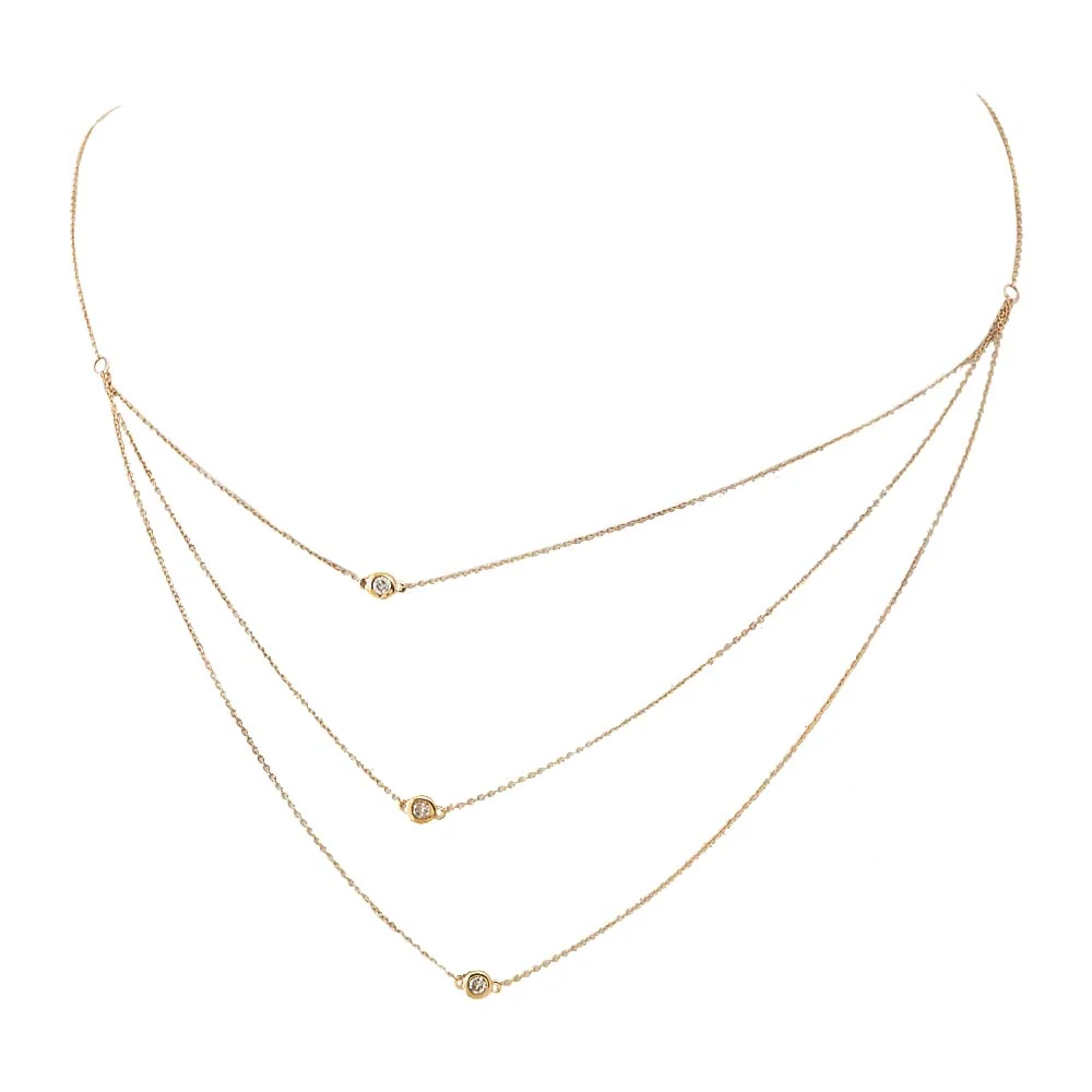 Diamond Sideway Bezel Triple Chain Necklace 14K