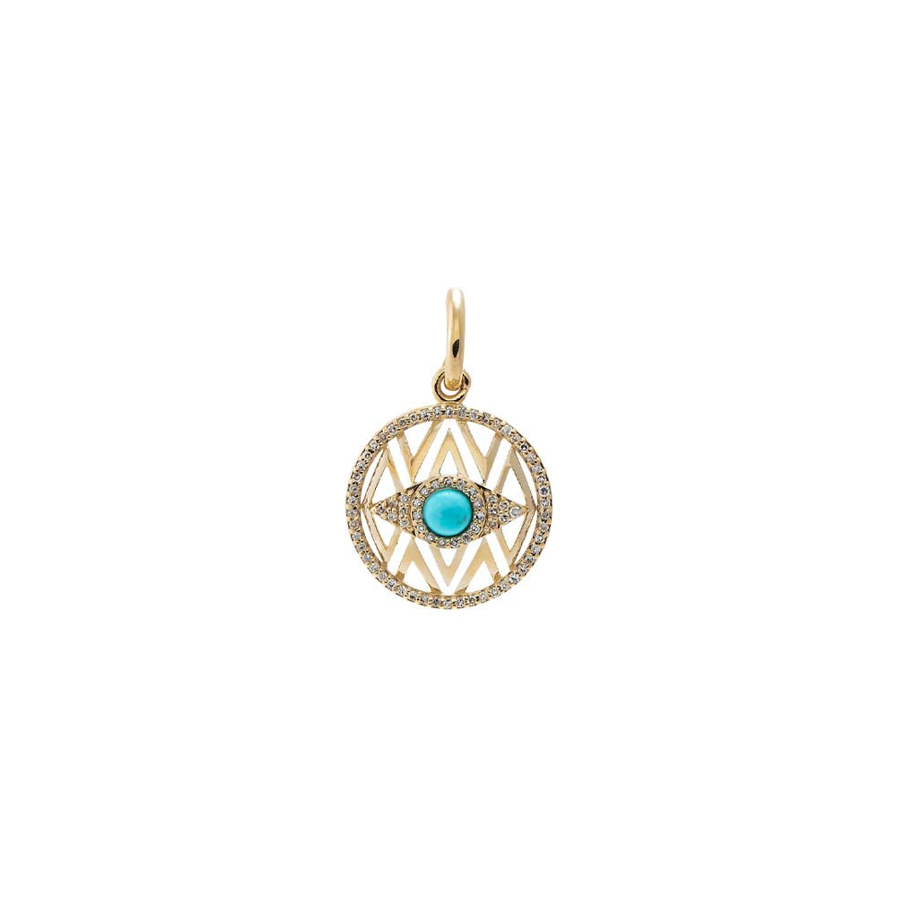 Diamond X Turquoise Evil Eye Disc Charm 14K