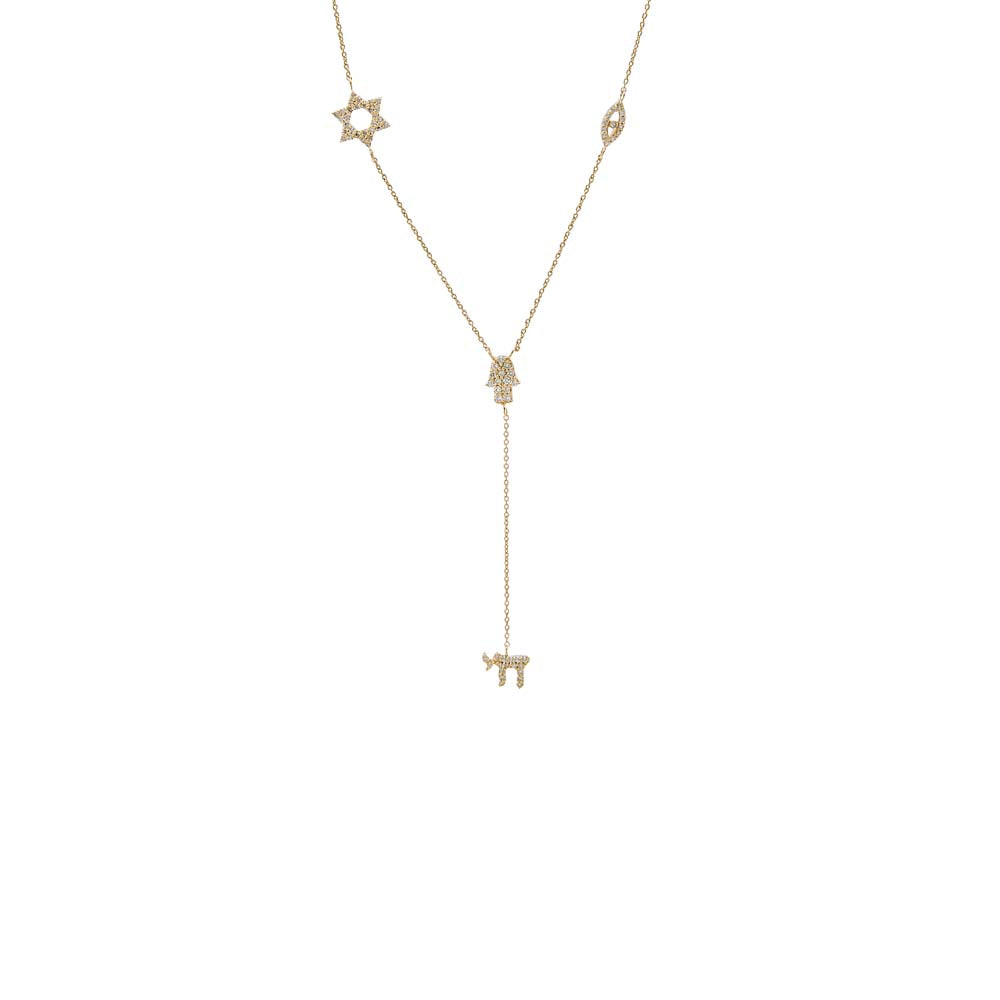 Diamond Pave Jewish Charms Drop Lariat 14K