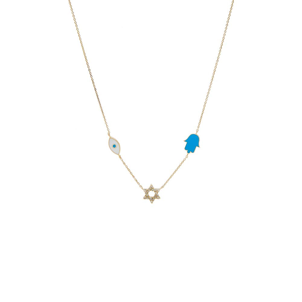 Diamond & Colored Enamel Jewish Charms Necklace 14K