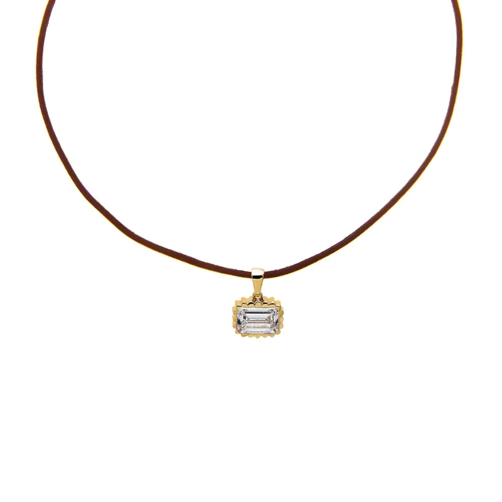 Lab Grown Diamond Emerald Beaded Brown Leather Chain Necklace 14K