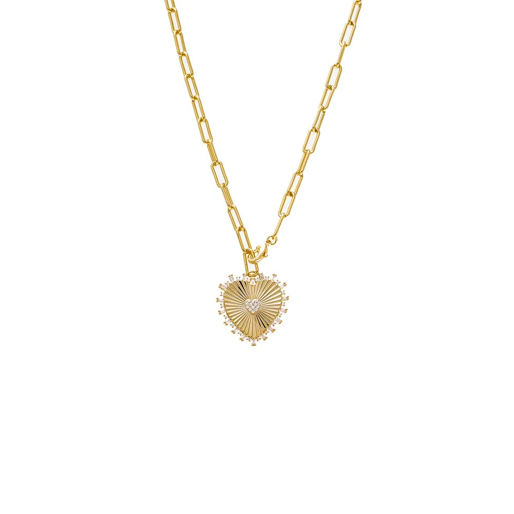 Pave Accented Ridged Heart Pendant Lariat
