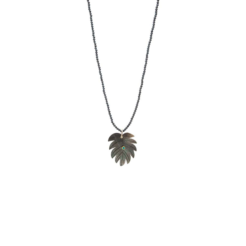 Carved MOP Leaf /Hematite Beaded Pendant Necklace
