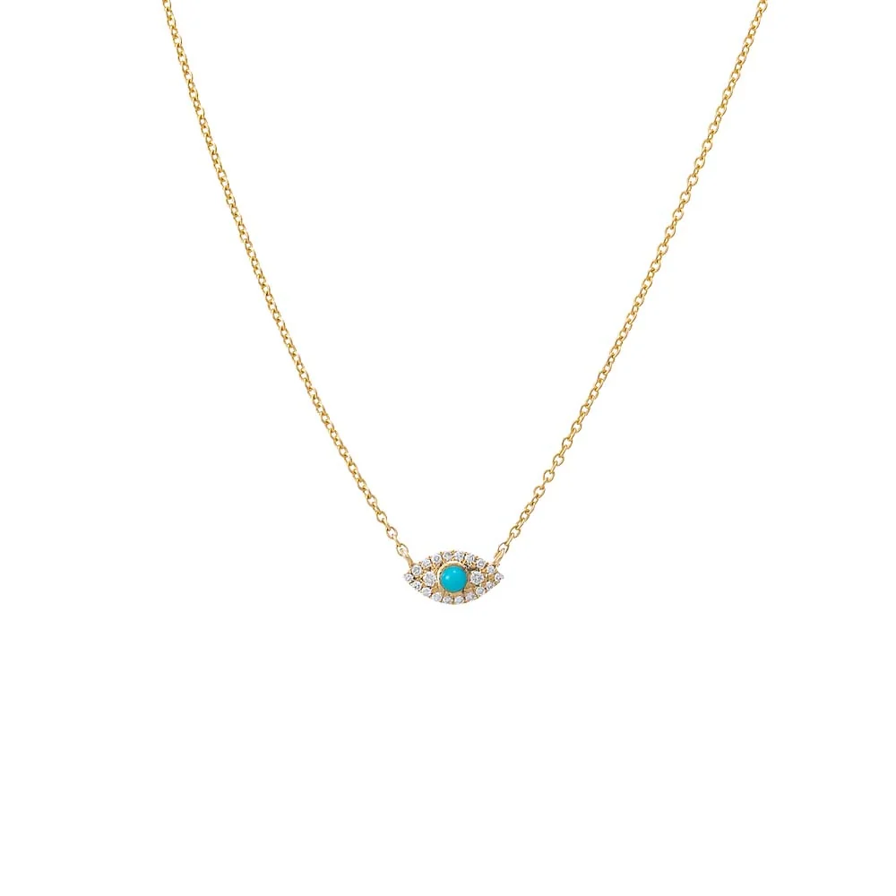 Diamond Pave X Turquoise Evil Eye Necklace 14K