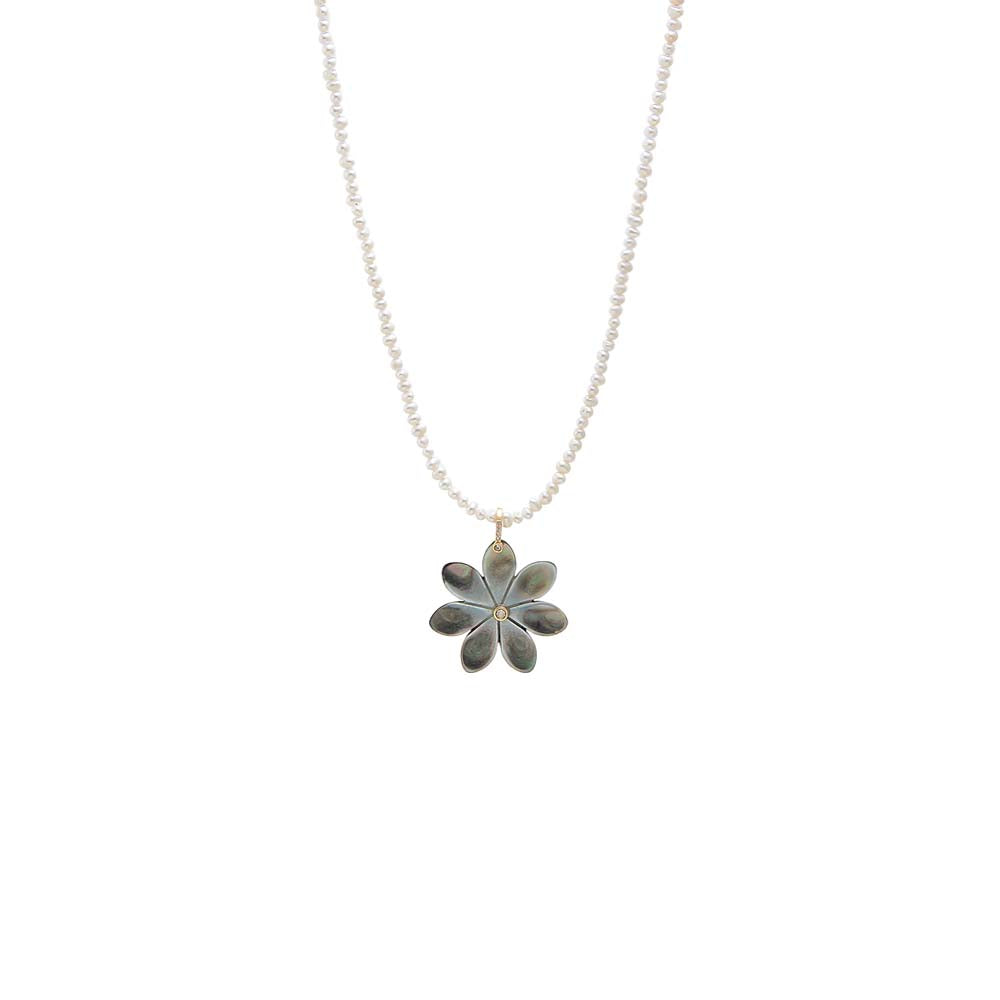 Onyx MOP Flower Fresh Water Pearl Pendant Necklace