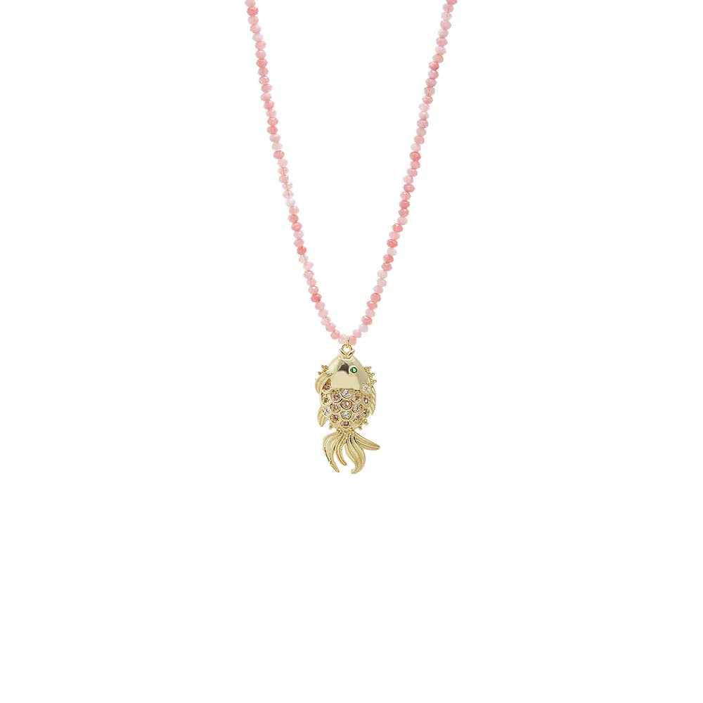 CZ Colored Koi Fish/ Pink Quartz Beaded Pendant Necklace