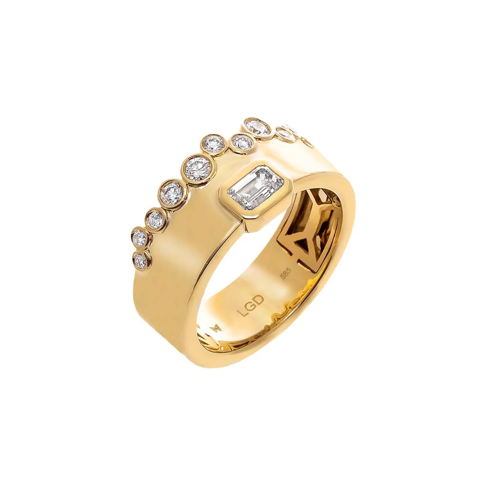 Lab Grown Diamond Round & Emerald Bezel Wide Band Ring 14K