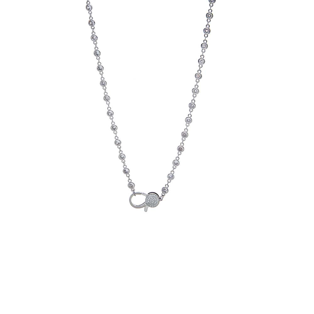 Silver CZ Bezel Pave Lobster Lock Chain Necklace