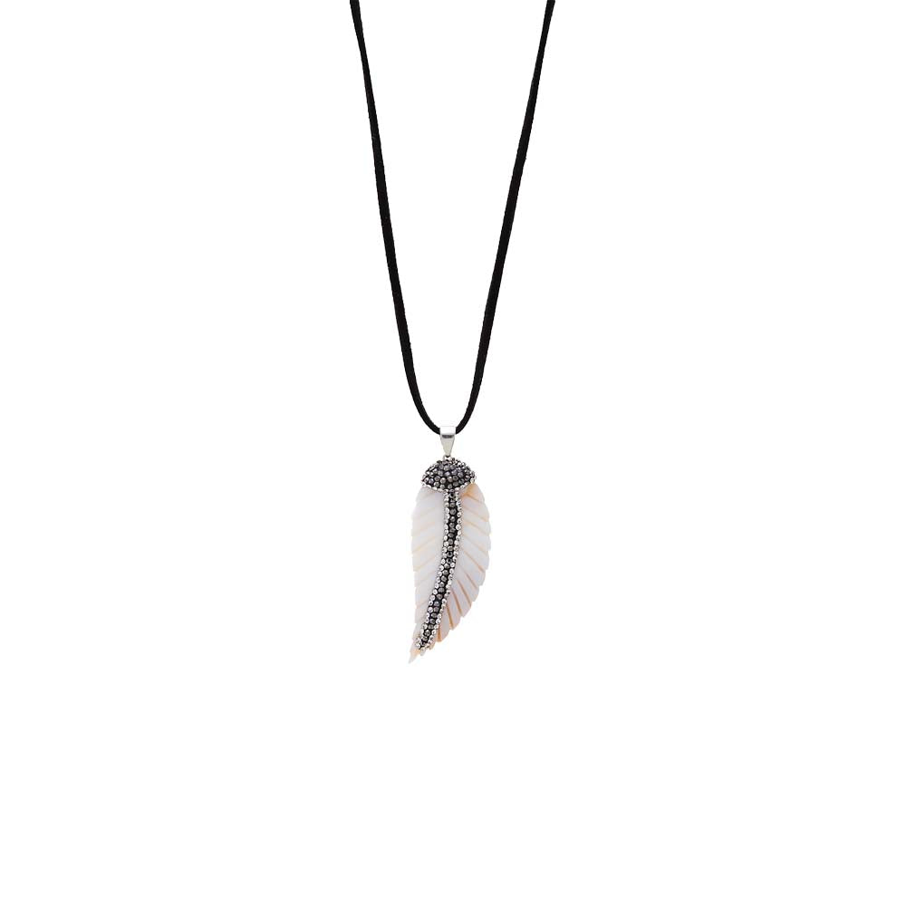 Onyx CZ & Pearl Lined Feather Charm Necklace