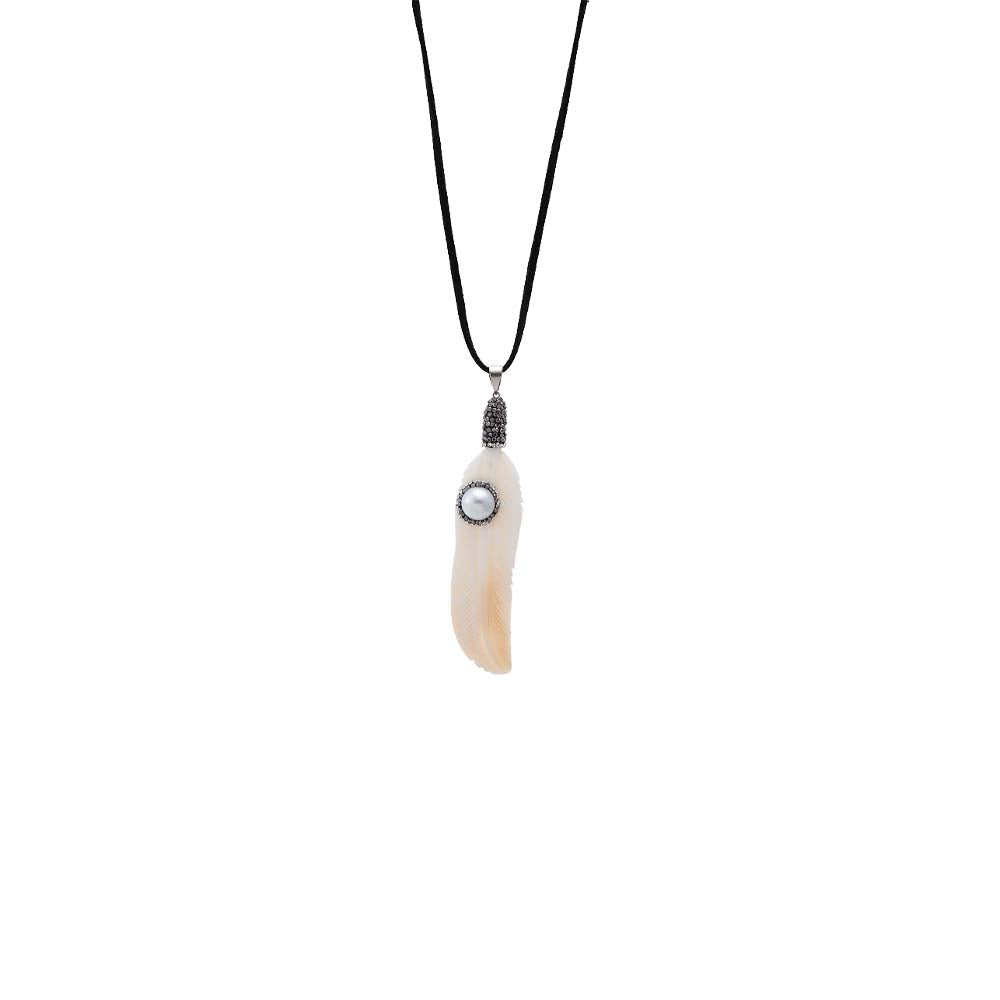 Onyx CZ & Pearl Feather Charm Necklace